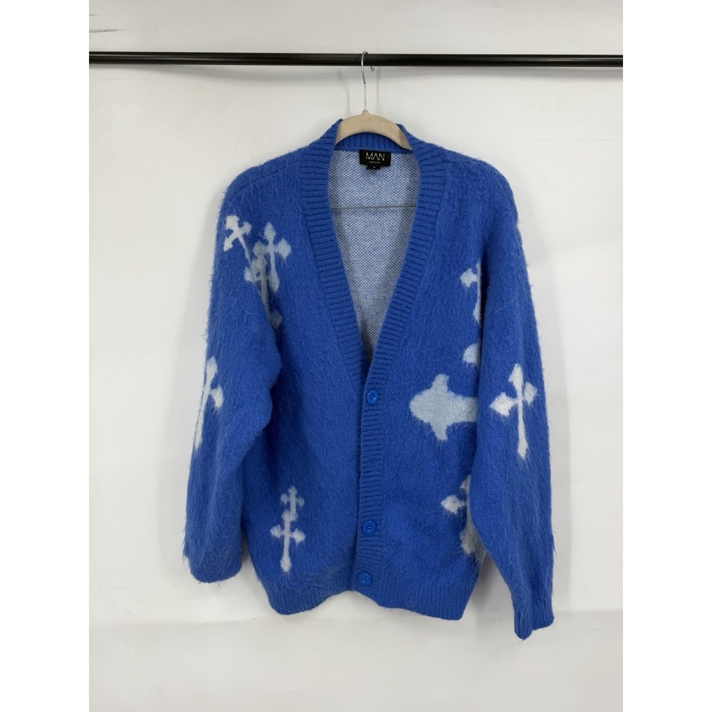 BOOHOO Man Oversized Cardigan Men M Blue Boxy Button Front Sweater Streetwear
